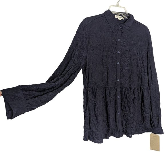 FRYE AND CO. long sleeve button front peplum crinkled navy blue blouse Size S - Picture 4 of 7